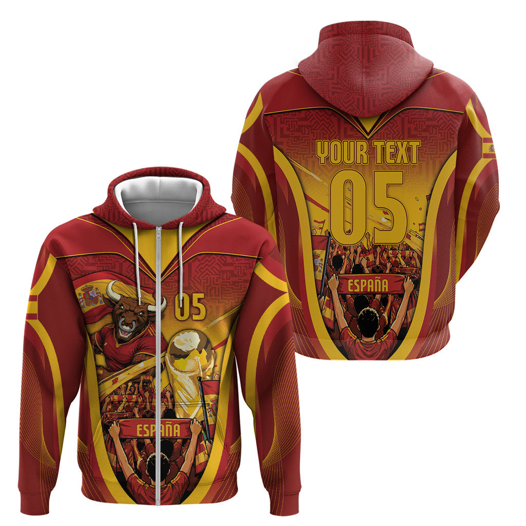 Custom Spain Football Zip Hoodie Raging Bull Golden Trophy Fans Banner