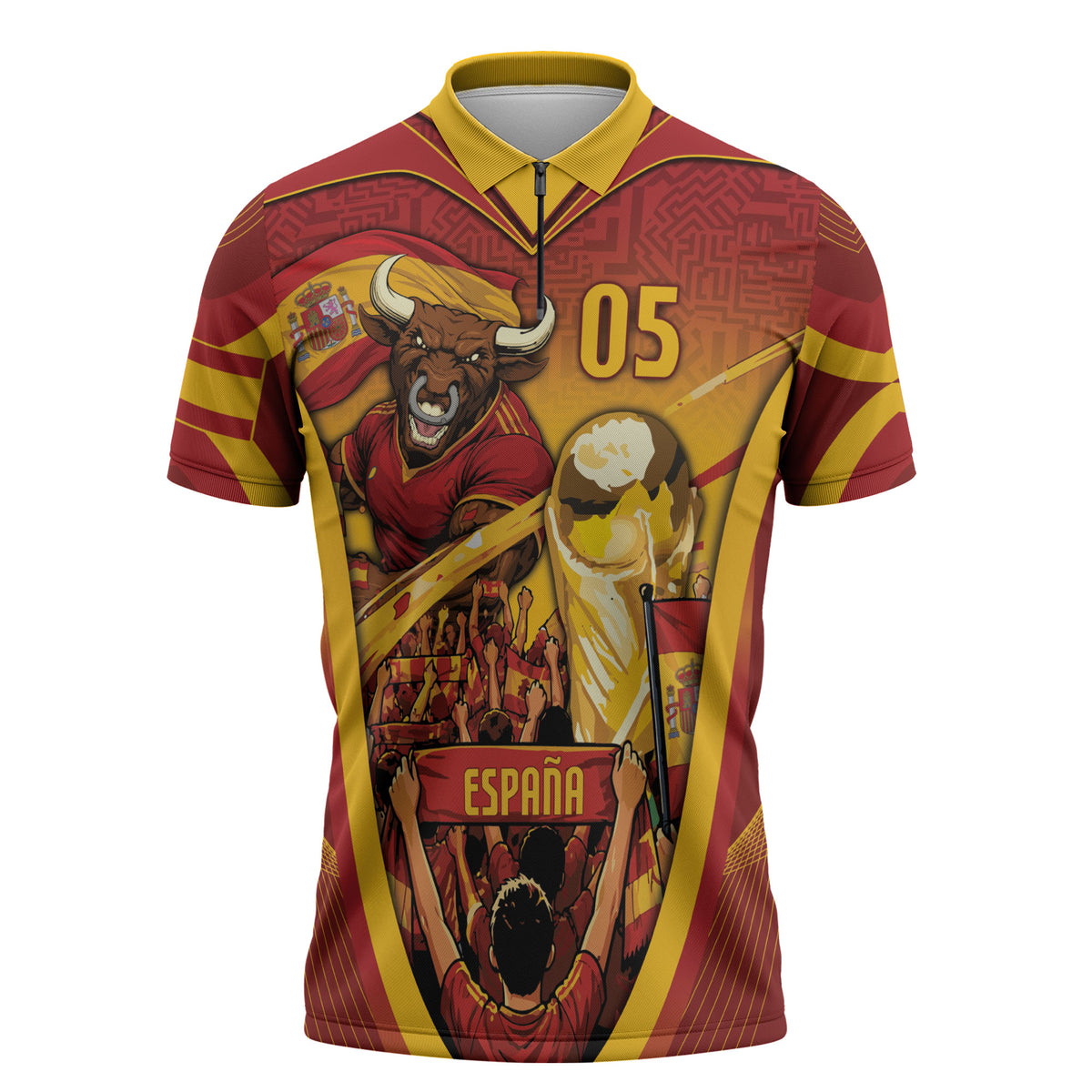 Custom Spain Football Zipper Polo Shirt Raging Bull Golden Trophy Fans Banner