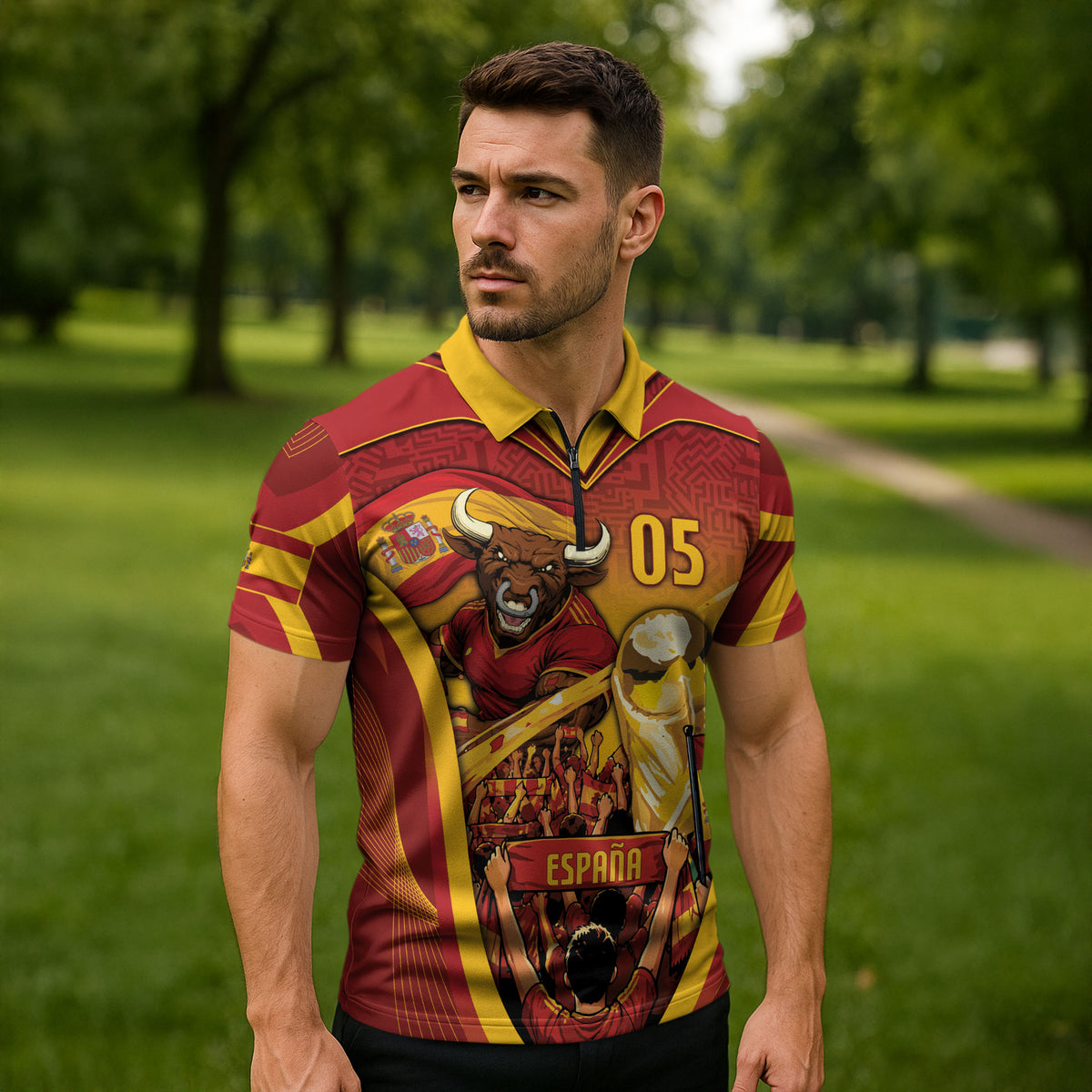 Custom Spain Football Zipper Polo Shirt Raging Bull Golden Trophy Fans Banner