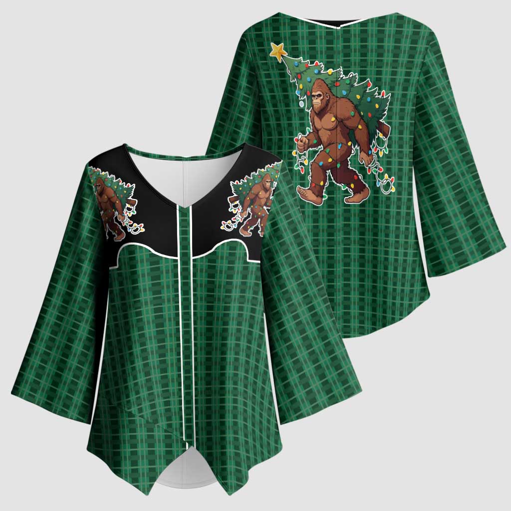 Western Yoke Kimono Sleeve Blouse Bigfoot Xmas Cowboy Style - Wonder Print Shop