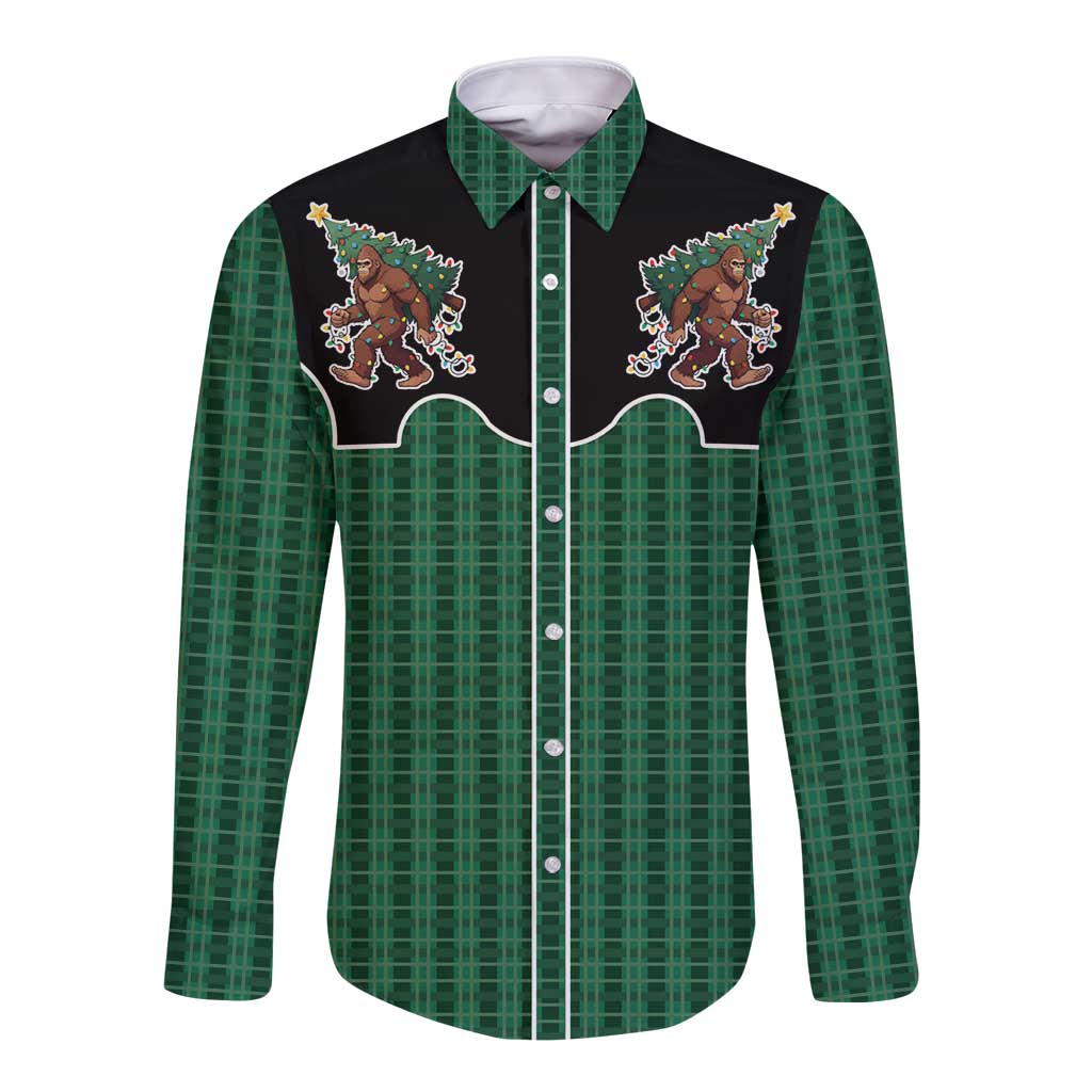 Western Yoke Long Sleeve Button Shirt Bigfoot Xmas Cowboy Style - Wonder Print Shop