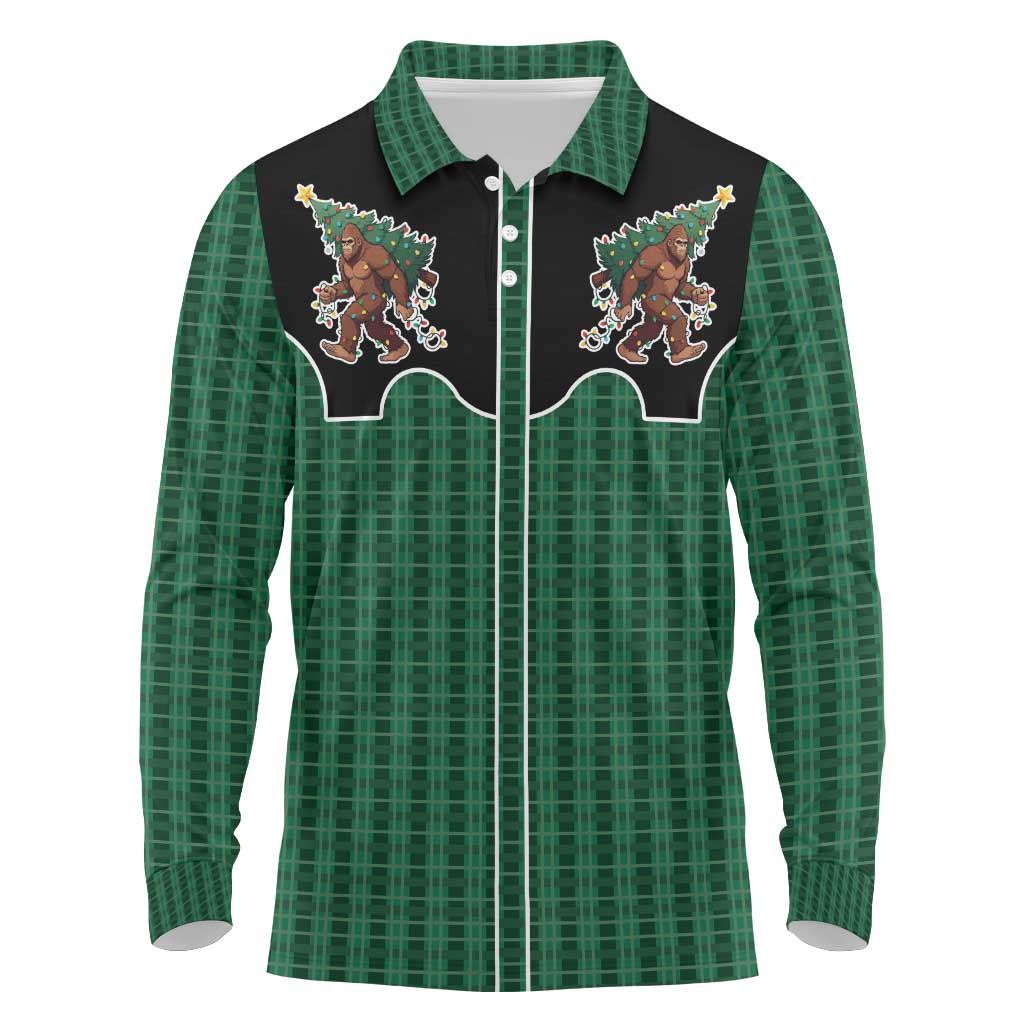 Western Yoke Long Sleeve Polo Shirt Bigfoot Xmas Cowboy Style - Wonder Print Shop