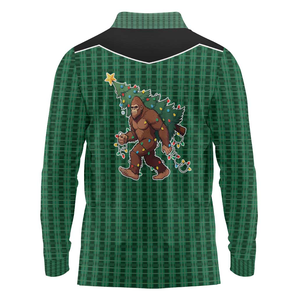 Western Yoke Long Sleeve Polo Shirt Bigfoot Xmas Cowboy Style - Wonder Print Shop