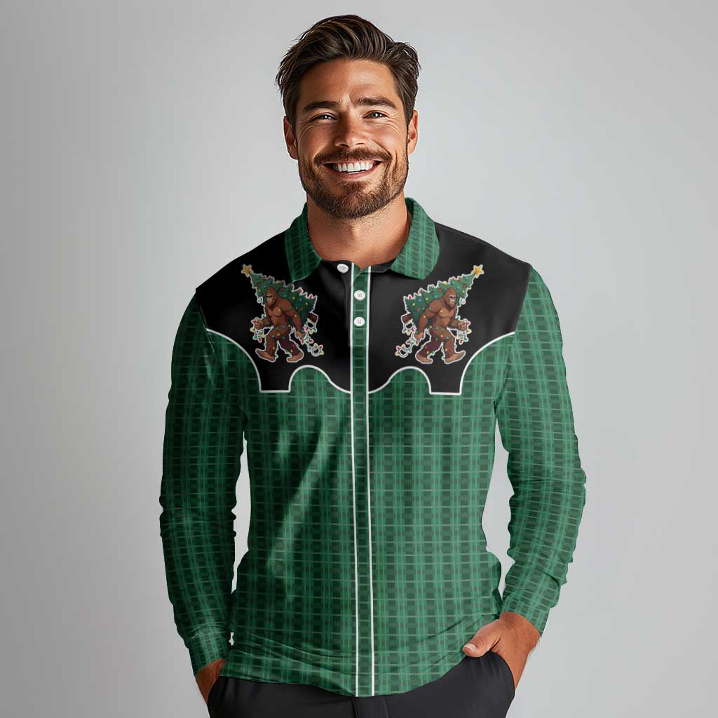 Western Yoke Long Sleeve Polo Shirt Bigfoot Xmas Cowboy Style - Wonder Print Shop