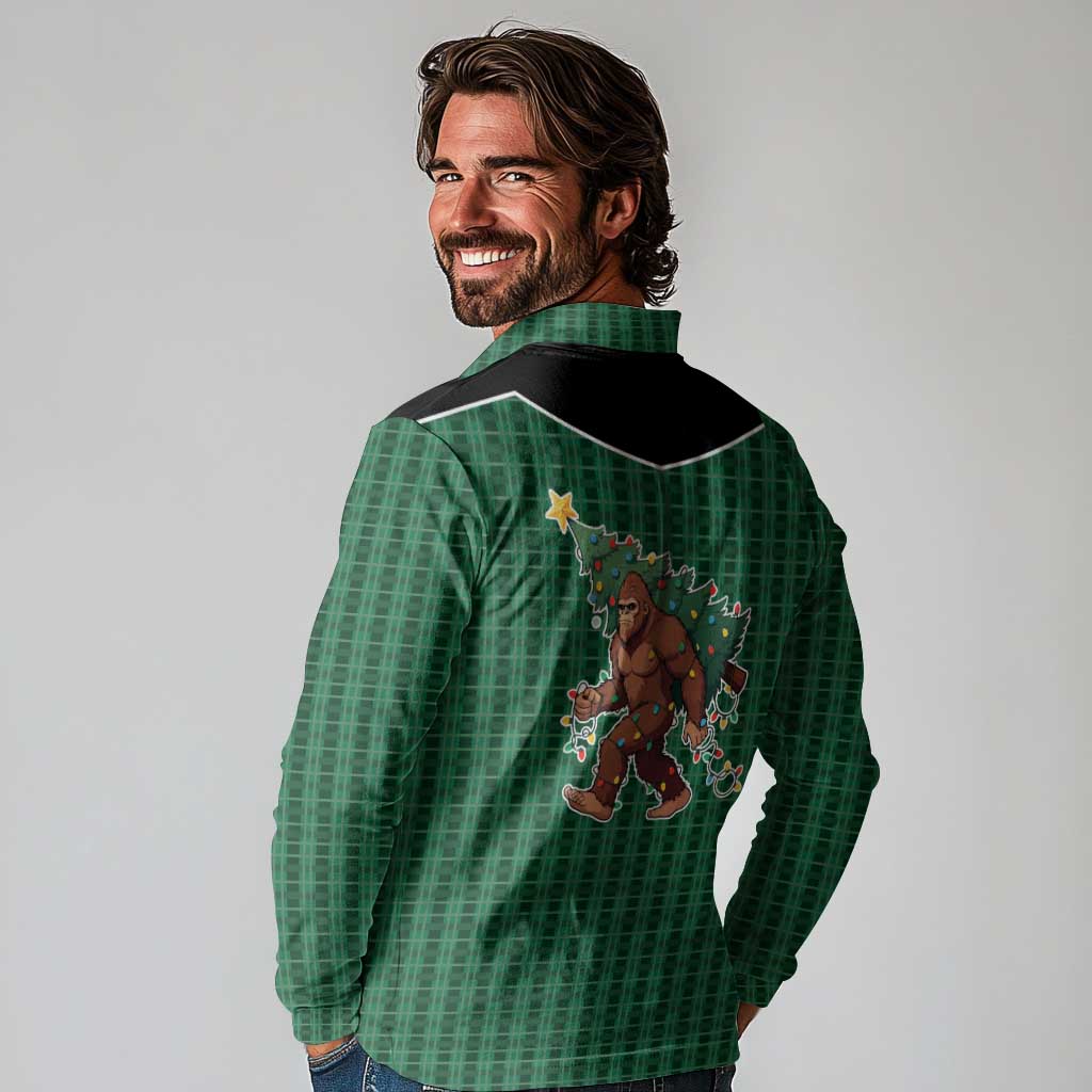 Western Yoke Long Sleeve Polo Shirt Bigfoot Xmas Cowboy Style - Wonder Print Shop