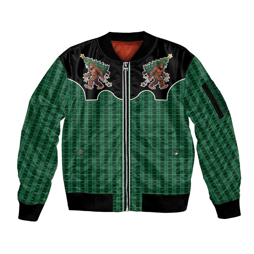 Western Yoke Sleeve Zip Bomber Jacket Bigfoot Xmas Cowboy Style - Wonder Print Shop