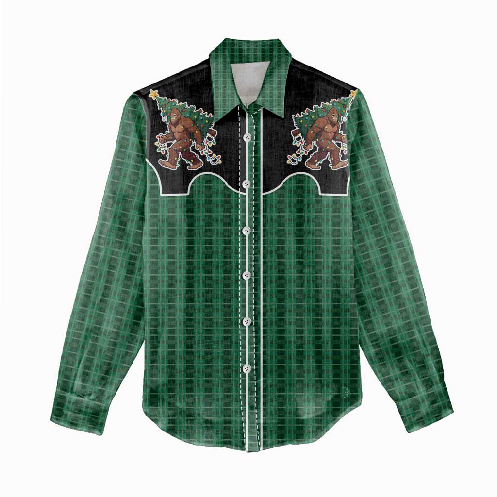 Western Yoke Women Casual Shirt Bigfoot Xmas Cowboy Style - Wonder Print Shop
