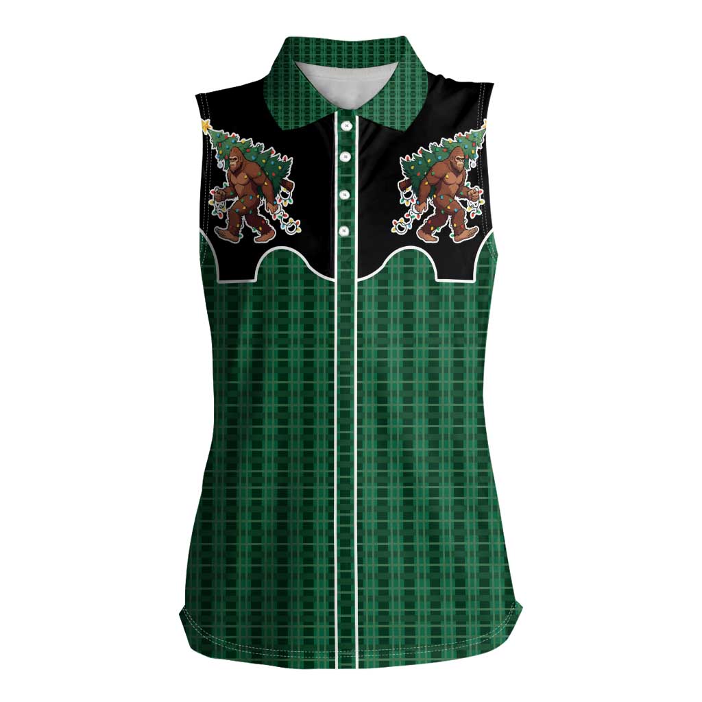 Western Yoke Women Sleeveless Polo Shirt Bigfoot Xmas Cowboy Style - Wonder Print Shop