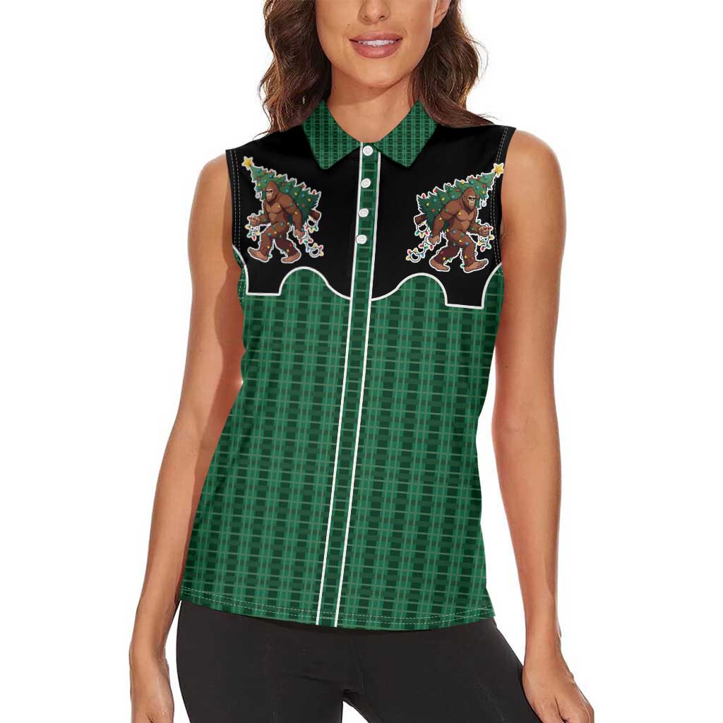 Western Yoke Women Sleeveless Polo Shirt Bigfoot Xmas Cowboy Style - Wonder Print Shop