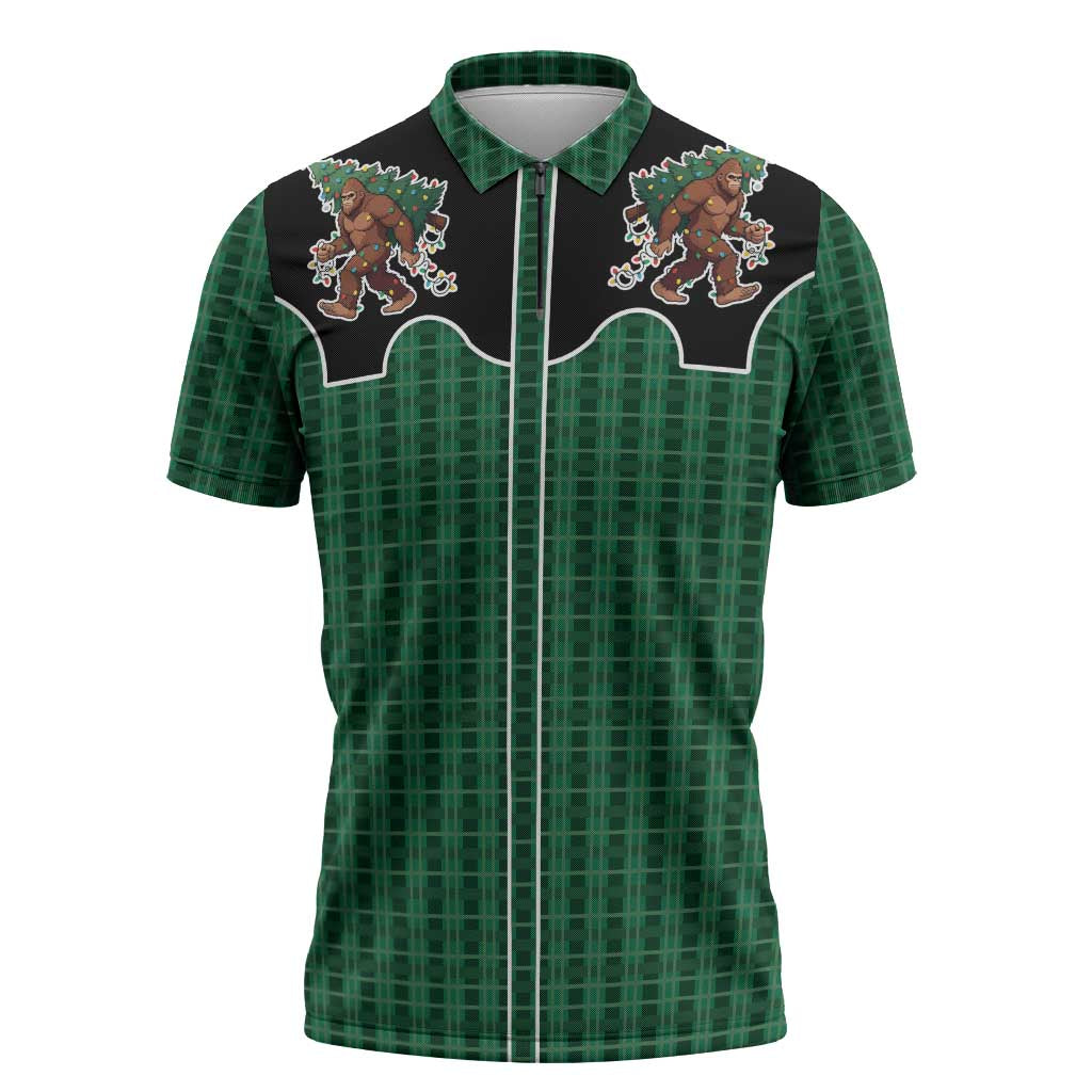 Western Yoke Zipper Polo Shirt Bigfoot Xmas Cowboy Style - Wonder Print Shop