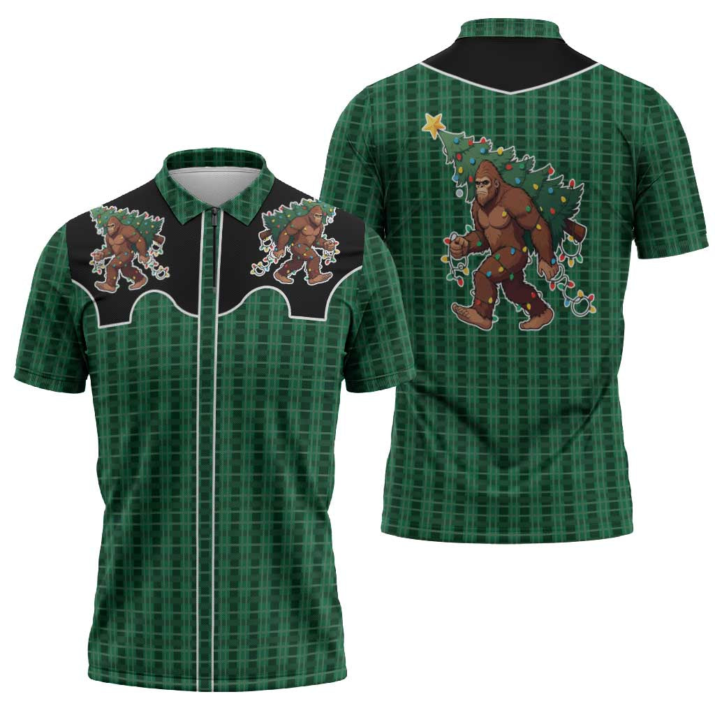 Western Yoke Zipper Polo Shirt Bigfoot Xmas Cowboy Style - Wonder Print Shop