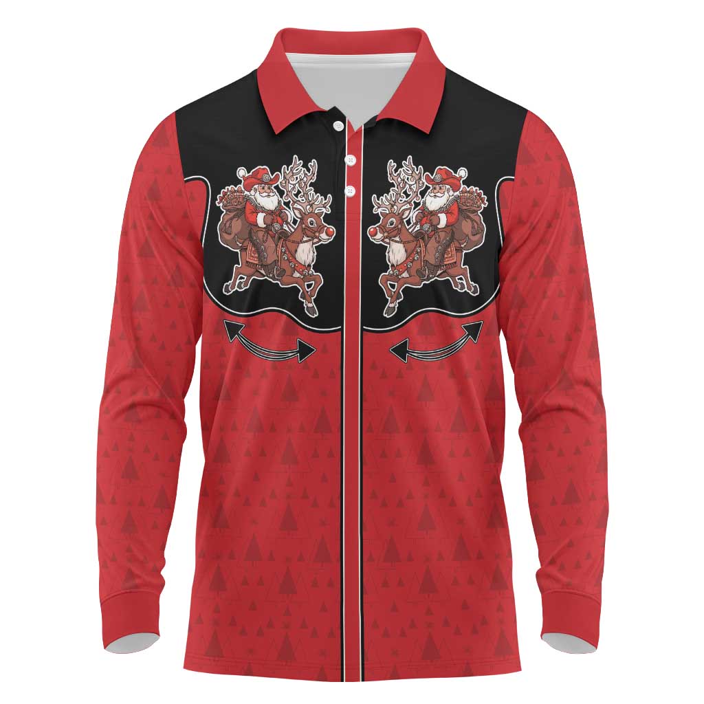 Western Yoke Long Sleeve Polo Shirt Santa Cowboy Style - Wonder Print Shop