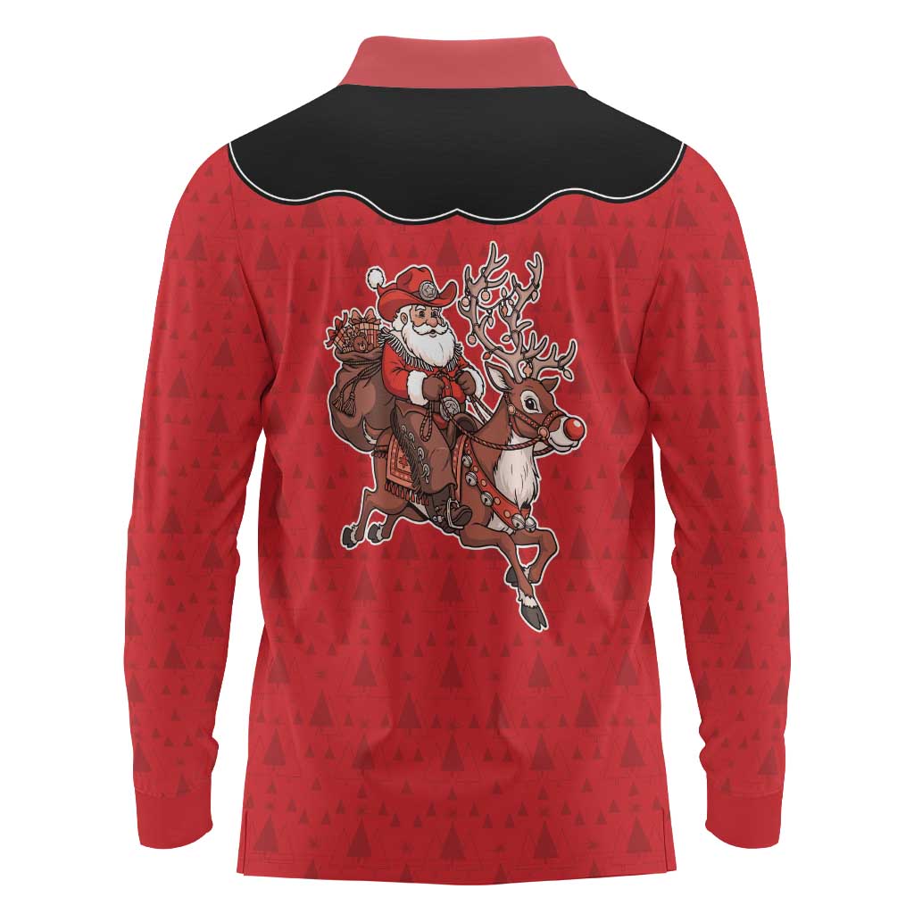 Western Yoke Long Sleeve Polo Shirt Santa Cowboy Style - Wonder Print Shop