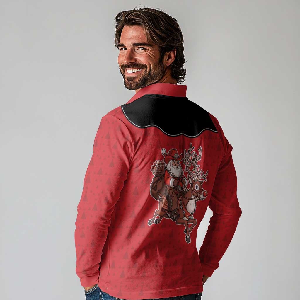 Western Yoke Long Sleeve Polo Shirt Santa Cowboy Style - Wonder Print Shop
