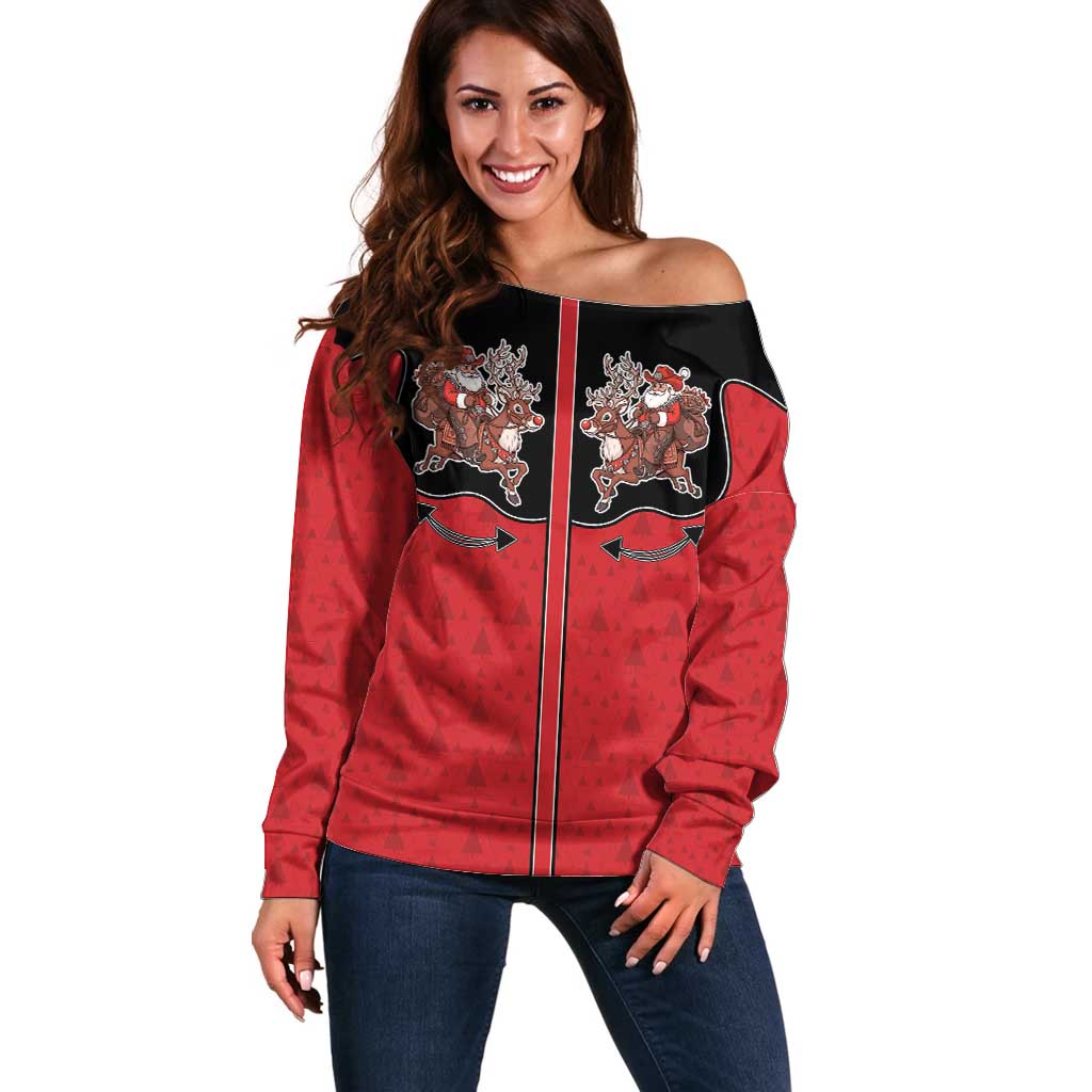 Western Yoke Off Shoulder Sweater Santa Cowboy Style - Wonder Print Shop