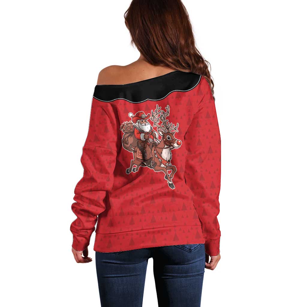Western Yoke Off Shoulder Sweater Santa Cowboy Style - Wonder Print Shop