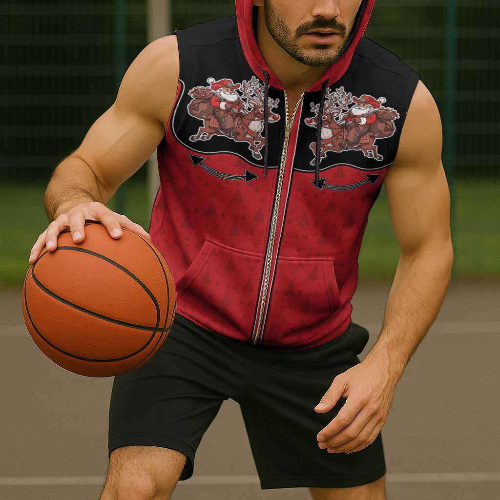 Western Yoke Sleeveless Zip Hoodie Santa Cowboy Style - Wonder Print Shop