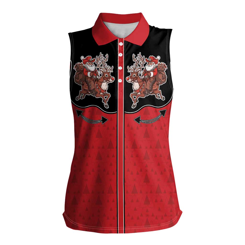 Western Yoke Women Sleeveless Polo Shirt Santa Cowboy Style - Wonder Print Shop