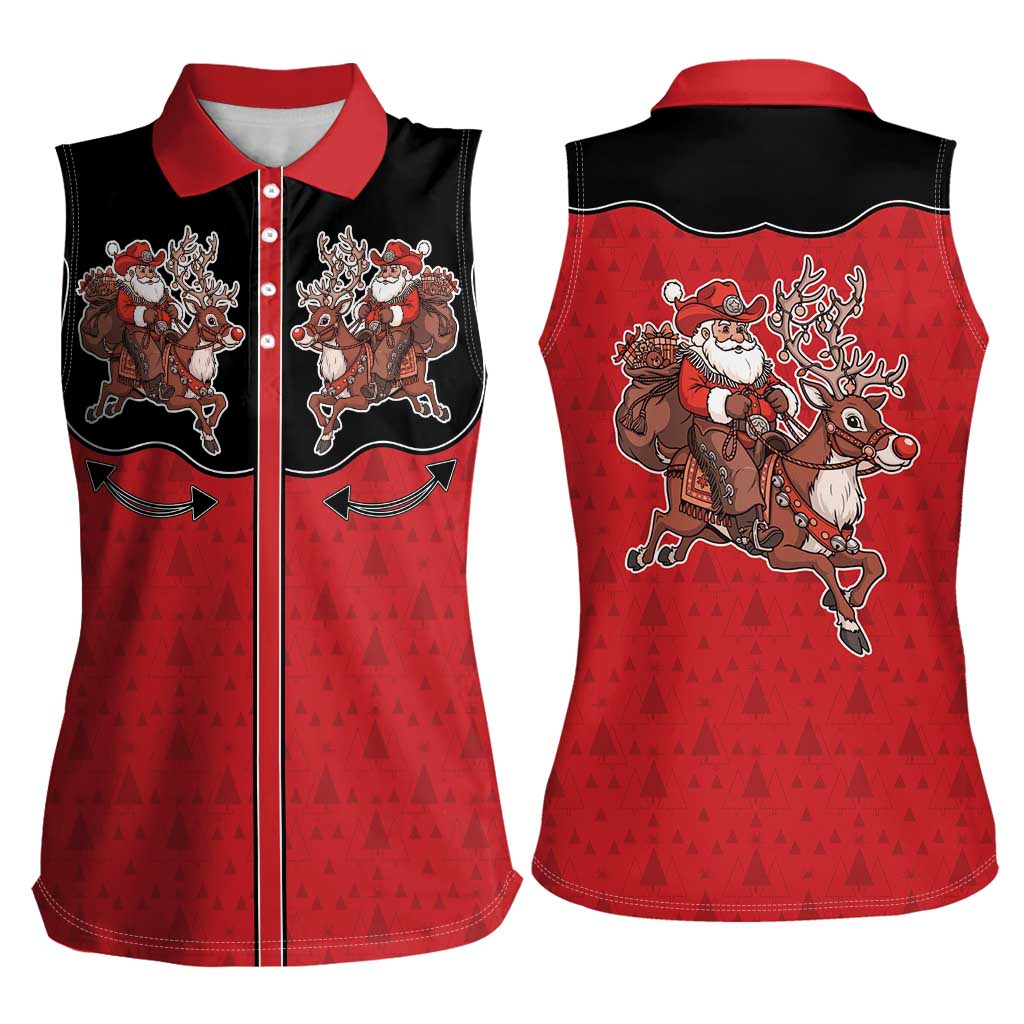 Western Yoke Women Sleeveless Polo Shirt Santa Cowboy Style - Wonder Print Shop