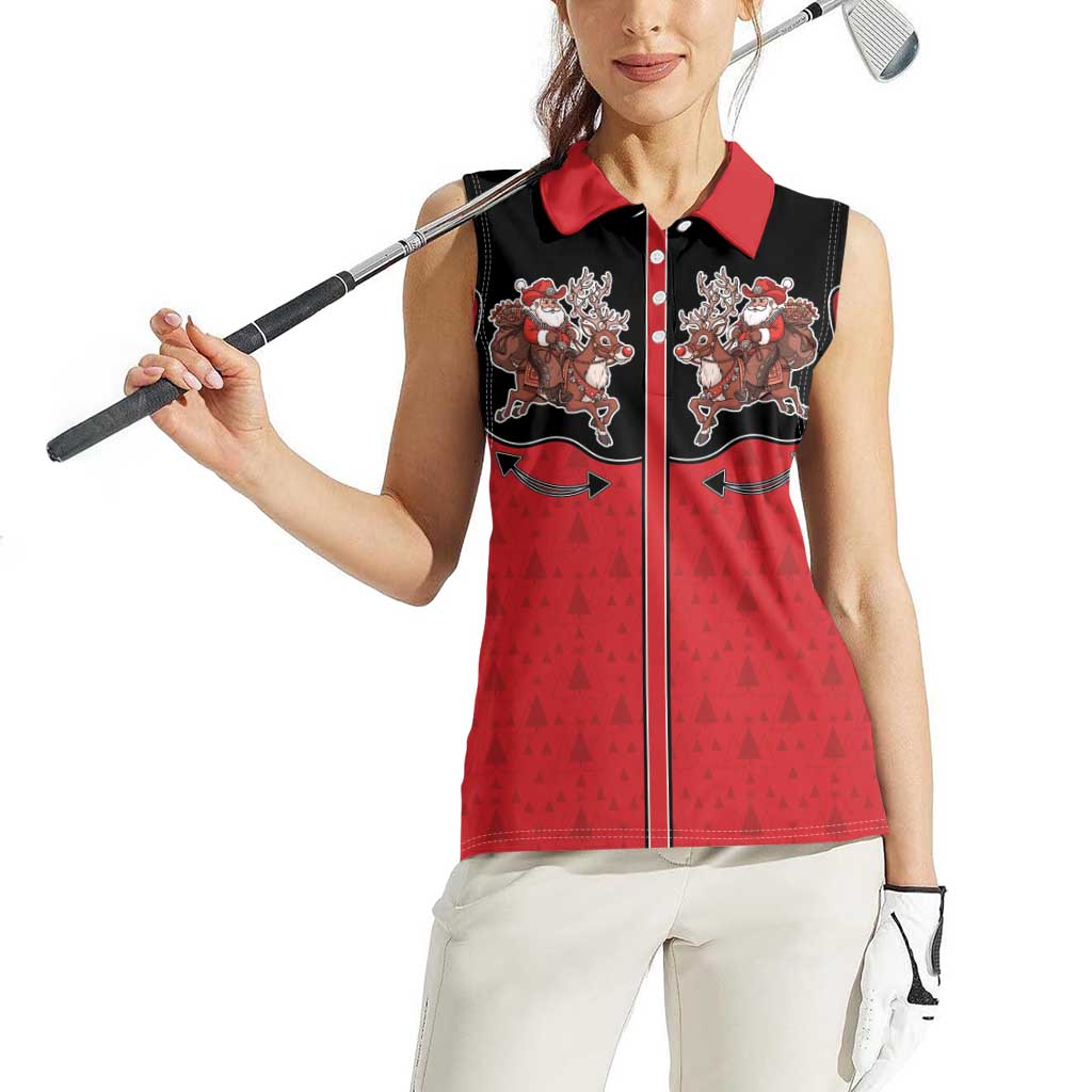 Western Yoke Women Sleeveless Polo Shirt Santa Cowboy Style - Wonder Print Shop
