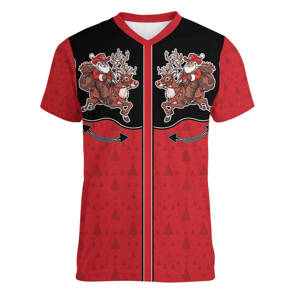 Western Yoke Women V-Neck T-Shirt Santa Cowboy Style - Wonder Print Shop