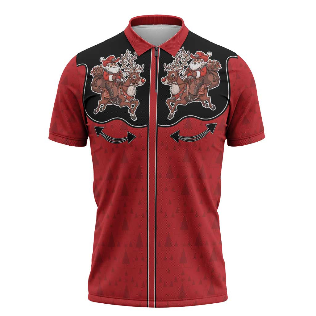 Western Yoke Zipper Polo Shirt Santa Cowboy Style - Wonder Print Shop