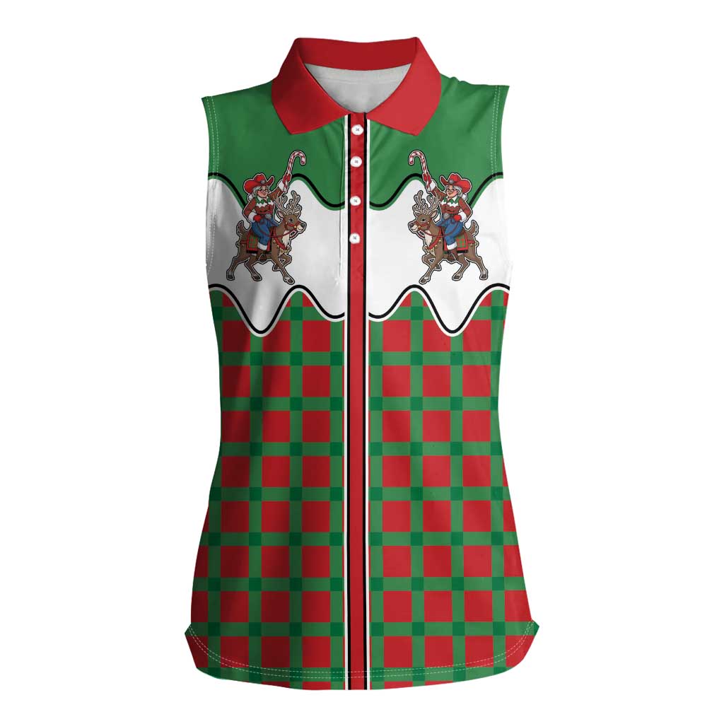 Western Yoke Women Sleeveless Polo Shirt Mrs Claus Cowgirl Style - Wonder Print Shop