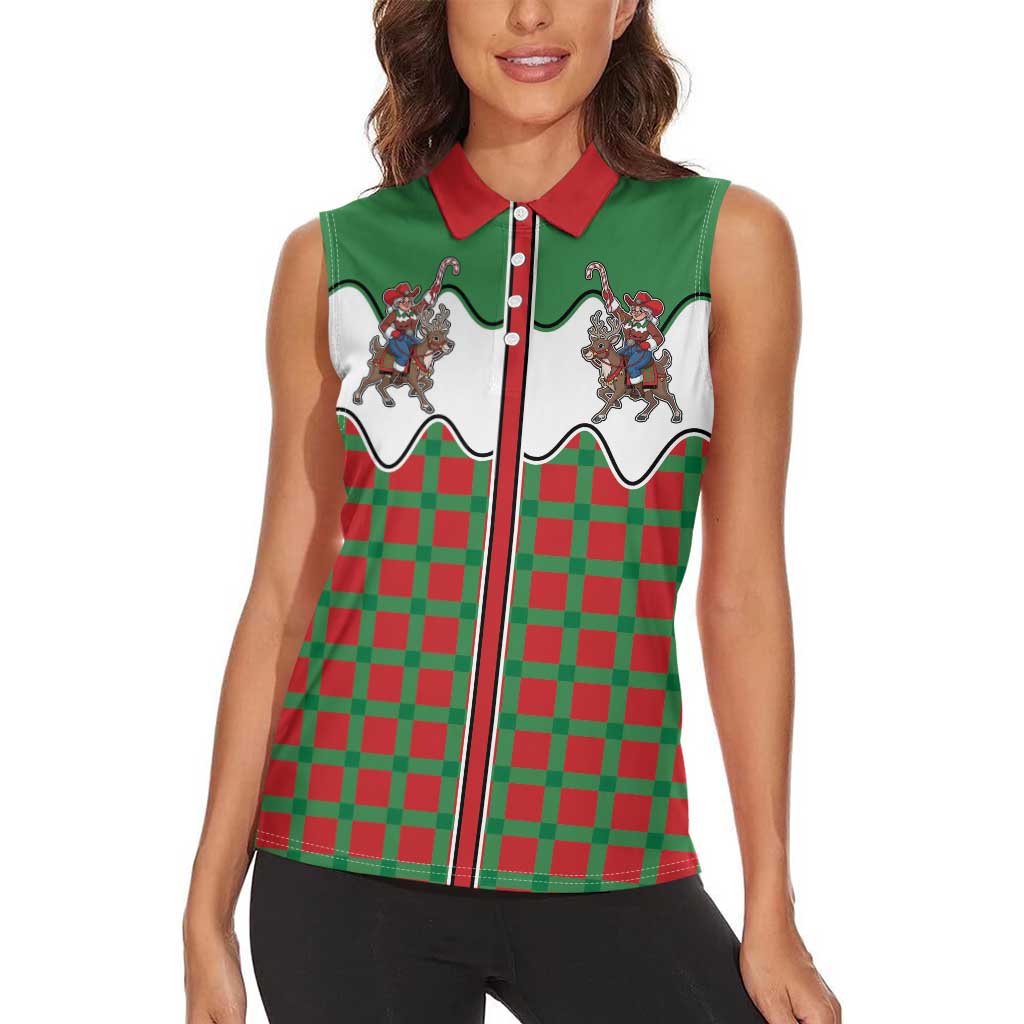 Western Yoke Women Sleeveless Polo Shirt Mrs Claus Cowgirl Style - Wonder Print Shop