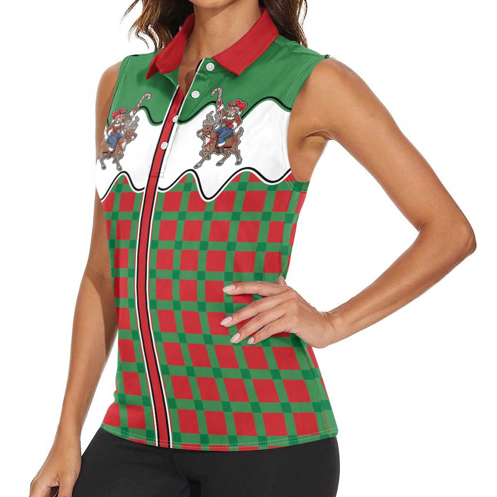 Western Yoke Women Sleeveless Polo Shirt Mrs Claus Cowgirl Style - Wonder Print Shop