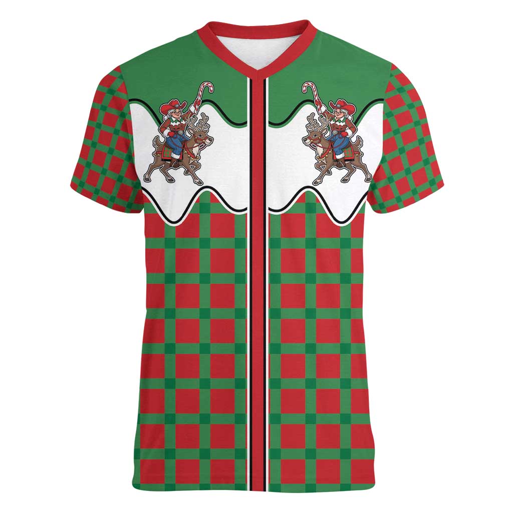 Western Yoke Women V-Neck T-Shirt Mrs Claus Cowgirl Style - Wonder Print Shop