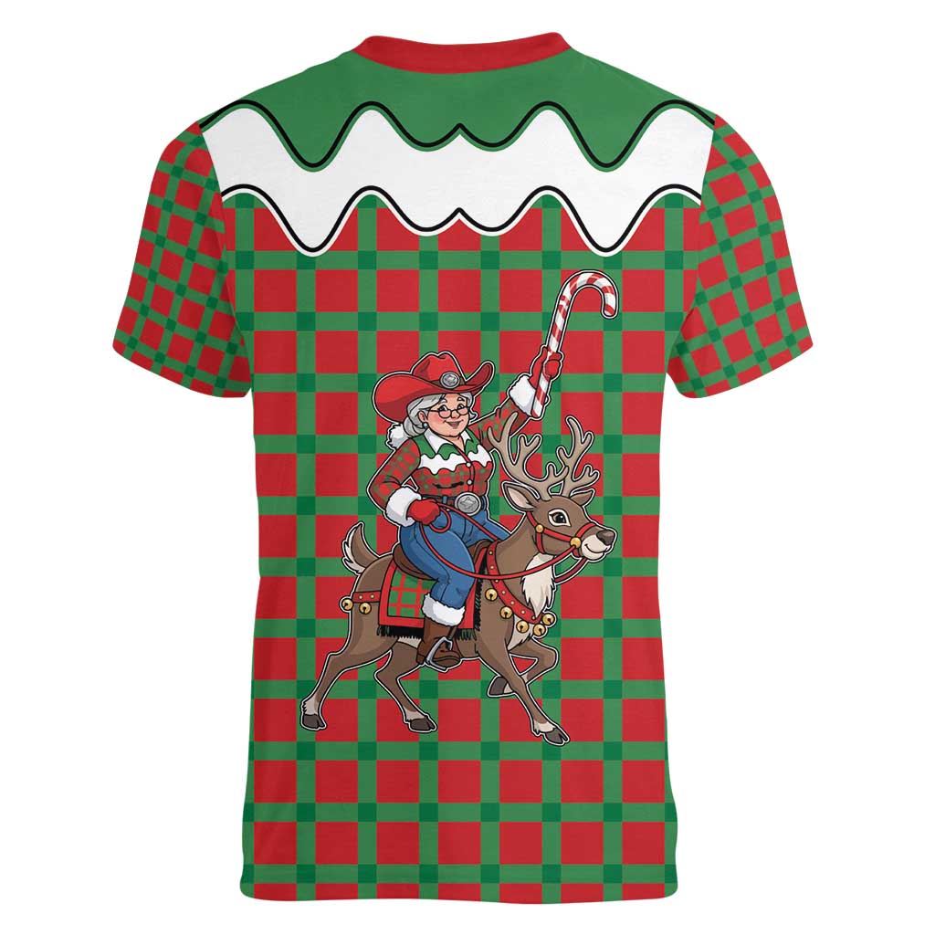 Western Yoke Women V-Neck T-Shirt Mrs Claus Cowgirl Style - Wonder Print Shop