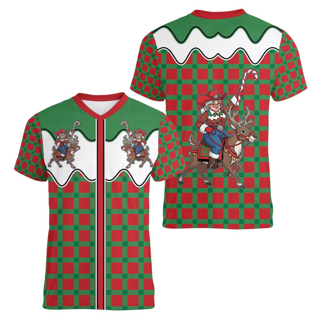 Western Yoke Women V-Neck T-Shirt Mrs Claus Cowgirl Style - Wonder Print Shop