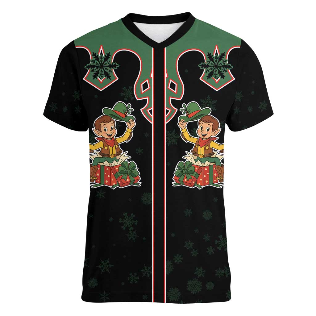 Western Yoke Women V-Neck T-Shirt Elves Cowboy Style - Wonder Print Shop