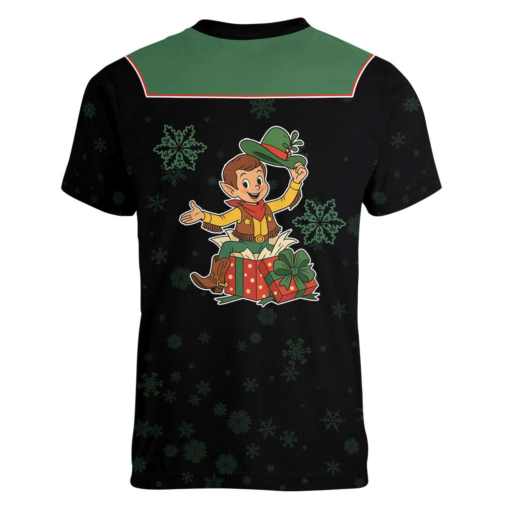 Western Yoke Women V-Neck T-Shirt Elves Cowboy Style - Wonder Print Shop