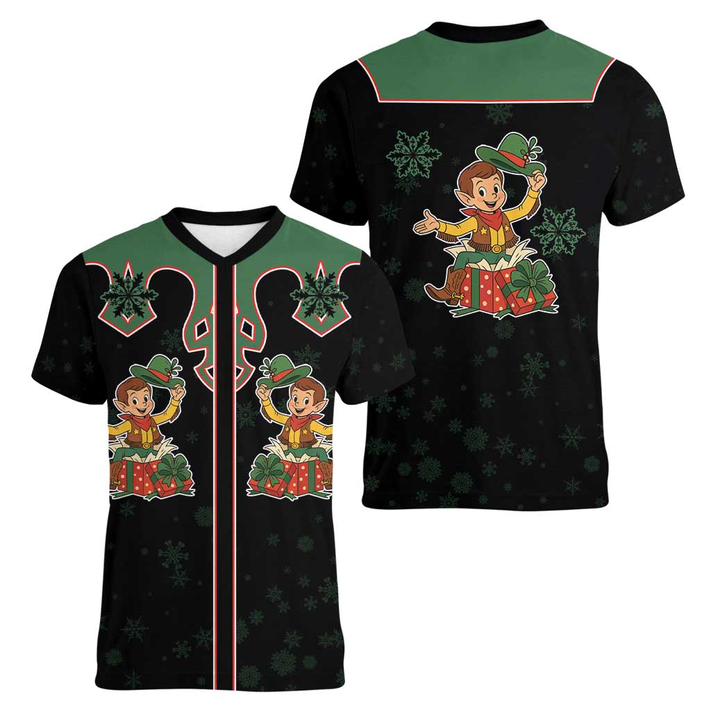 Western Yoke Women V-Neck T-Shirt Elves Cowboy Style - Wonder Print Shop