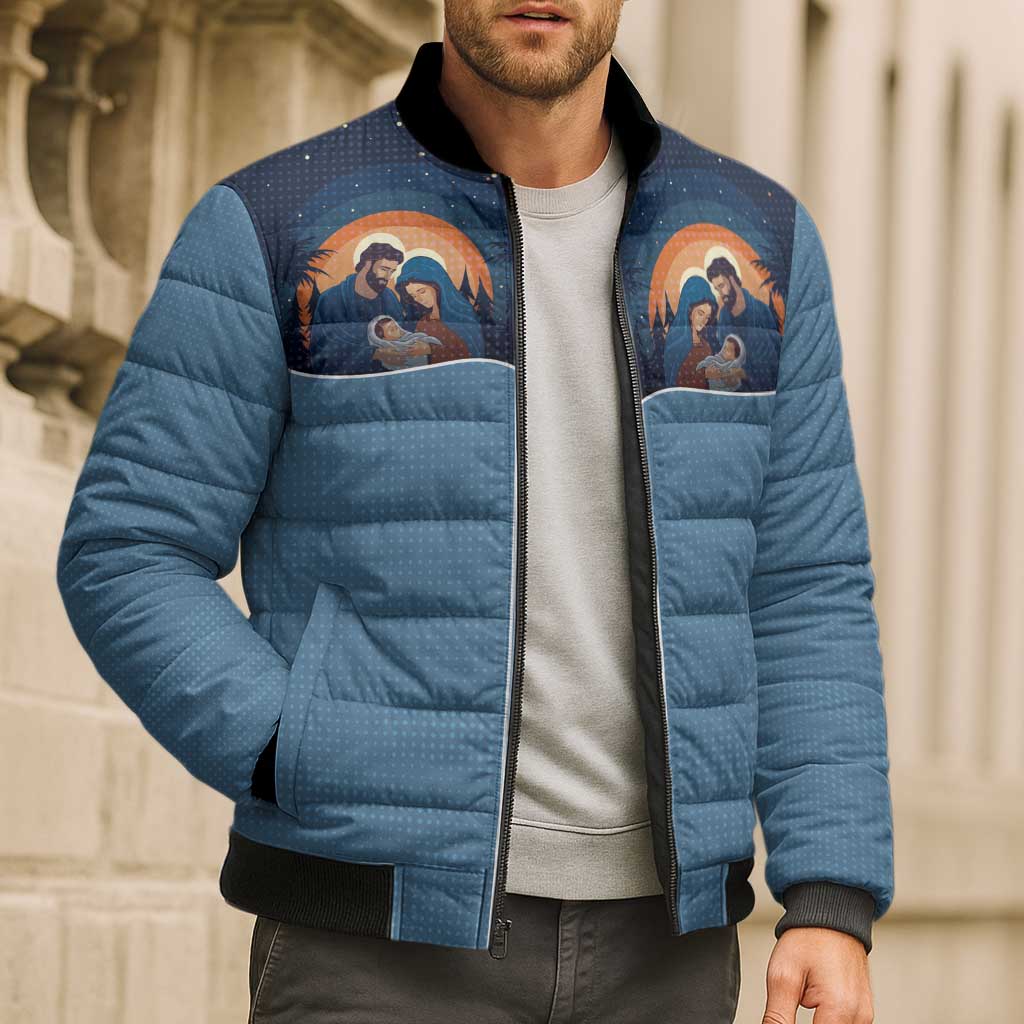 Western Yoke Bomber Puffer Jacket Holy Family Christmas Cowboy Style - Wonder Print Shop