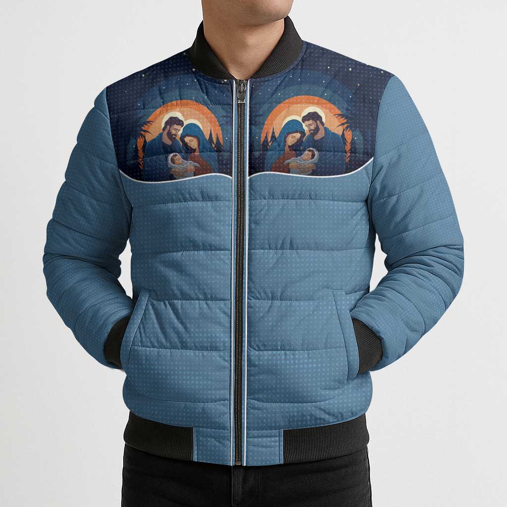 Western Yoke Bomber Puffer Jacket Holy Family Christmas Cowboy Style - Wonder Print Shop