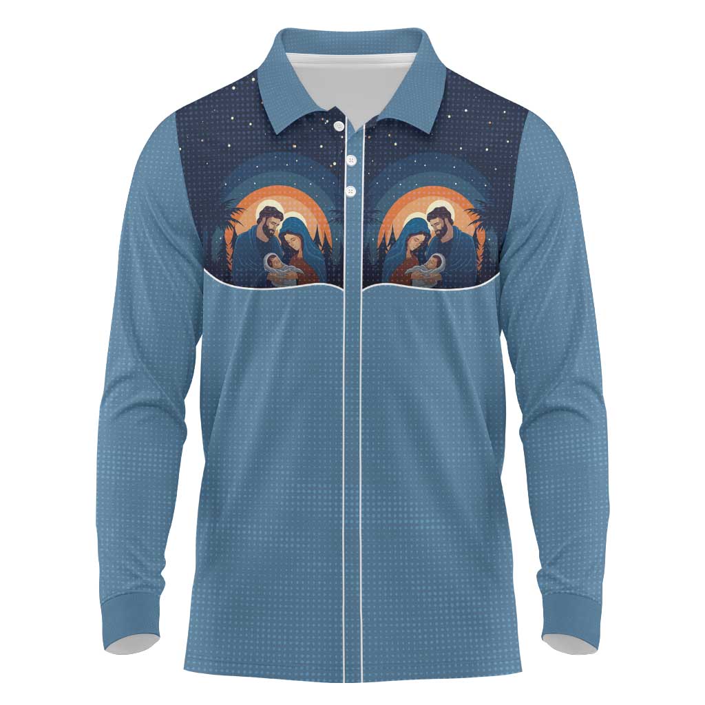 Western Yoke Long Sleeve Polo Shirt Holy Family Christmas Cowboy Style - Wonder Print Shop