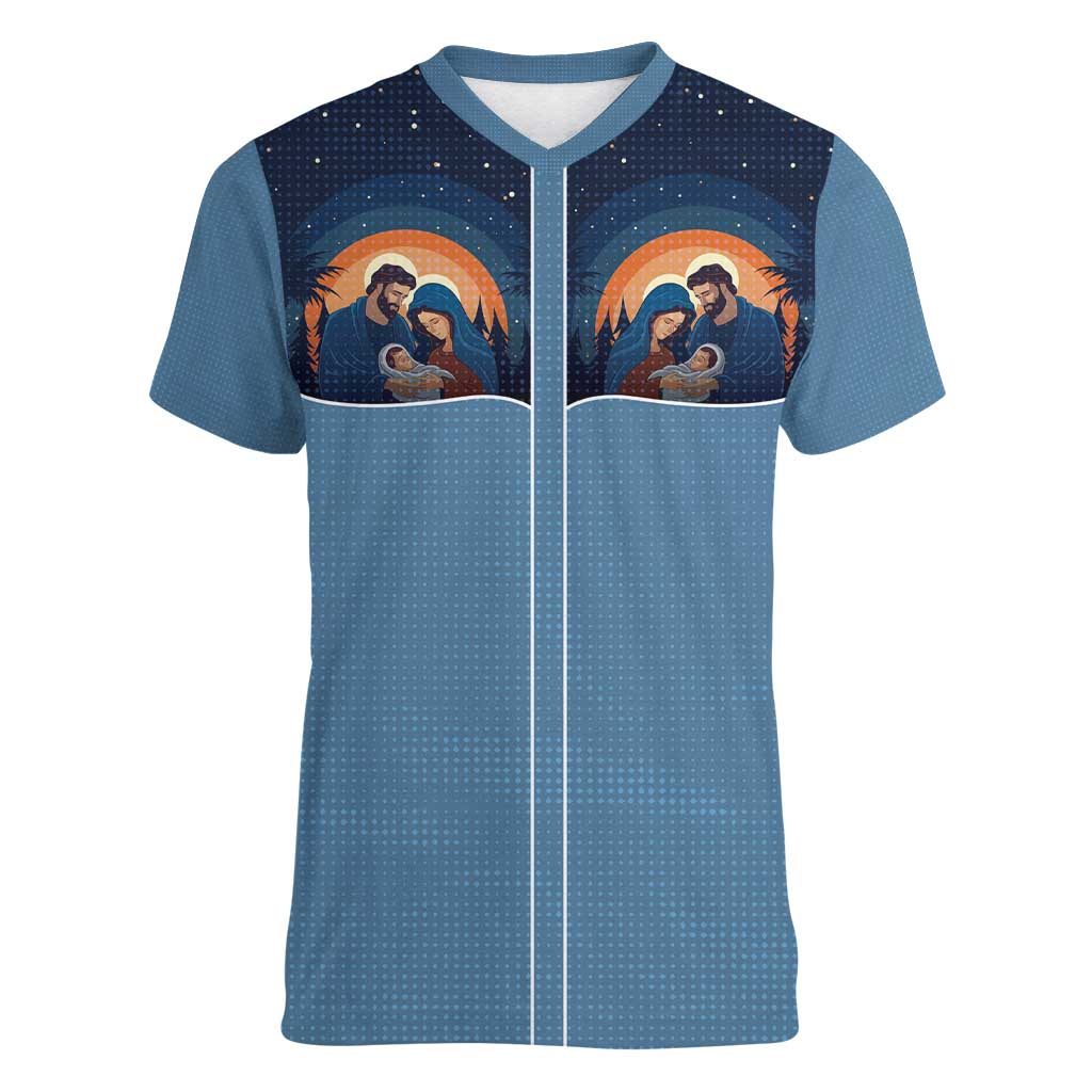 Western Yoke Women V-Neck T-Shirt Holy Family Christmas Cowboy Style - Wonder Print Shop