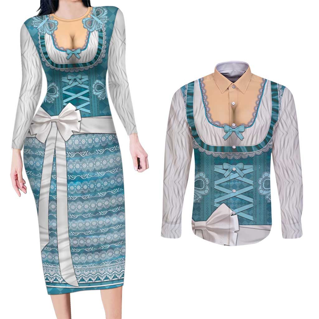 Oktoberfest Couples Matching Long Sleeve Bodycon Dress and Long Sleeve Button Shirt Dirndl Retro Style - Wonder Print Shop