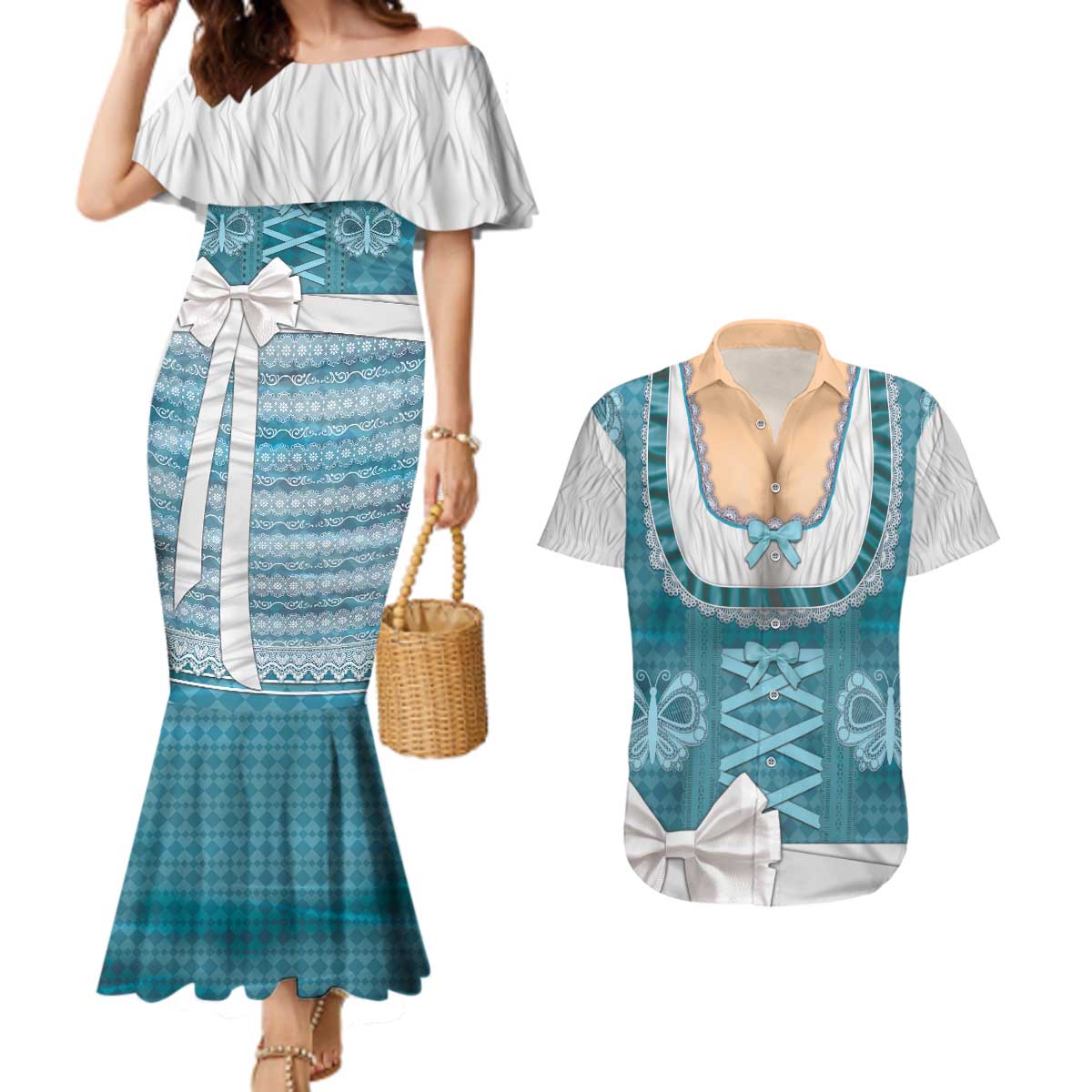 Oktoberfest Couples Matching Mermaid Dress and Hawaiian Shirt Dirndl Retro Style - Wonder Print Shop