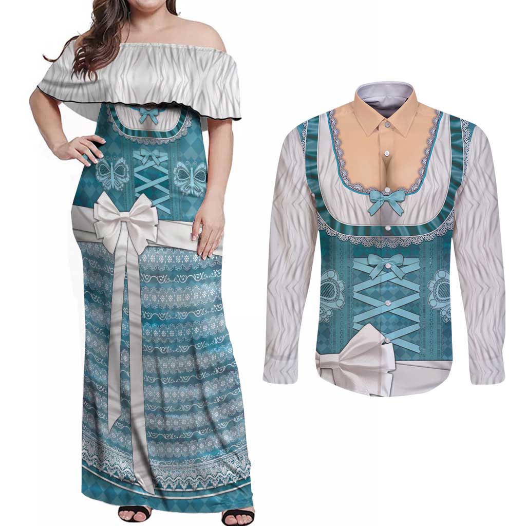 Oktoberfest Couples Matching Off Shoulder Maxi Dress and Long Sleeve Button Shirt Dirndl Retro Style - Wonder Print Shop
