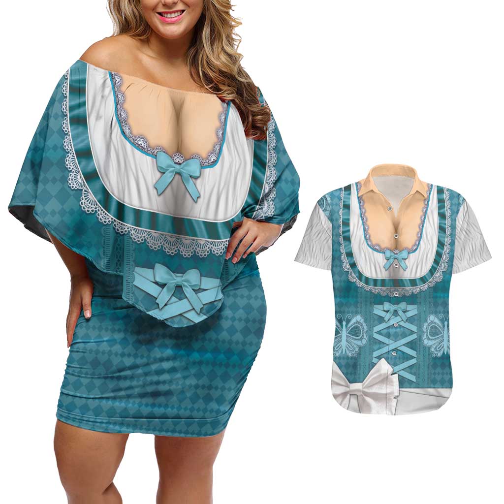 Oktoberfest Couples Matching Off Shoulder Short Dress and Hawaiian Shirt Dirndl Retro Style - Wonder Print Shop
