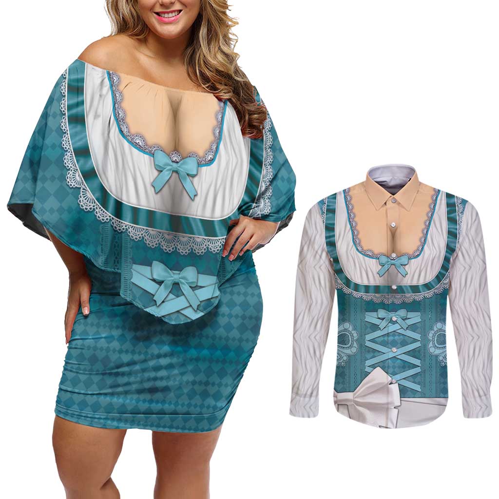 Oktoberfest Couples Matching Off Shoulder Short Dress and Long Sleeve Button Shirt Dirndl Retro Style - Wonder Print Shop