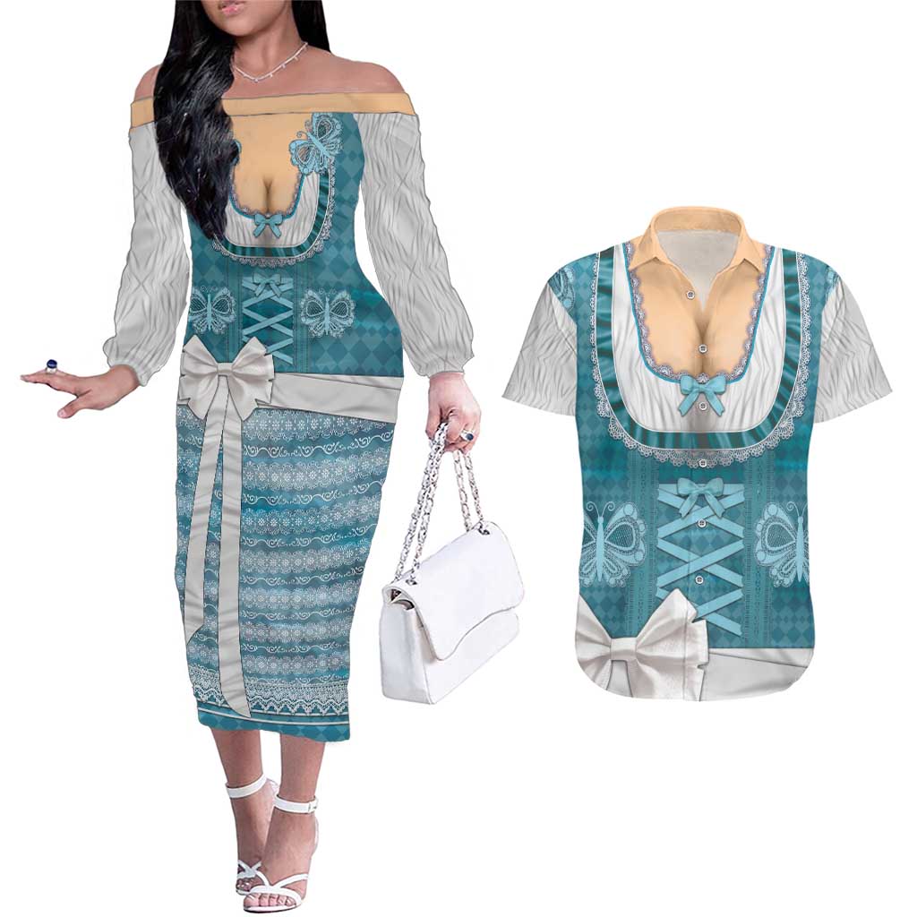 Oktoberfest Couples Matching Off The Shoulder Long Sleeve Dress and Hawaiian Shirt Dirndl Retro Style - Wonder Print Shop