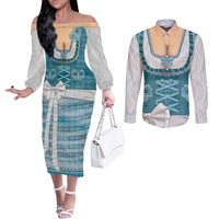 Oktoberfest Couples Matching Off The Shoulder Long Sleeve Dress and Long Sleeve Button Shirt Dirndl Retro Style - Wonder Print Shop