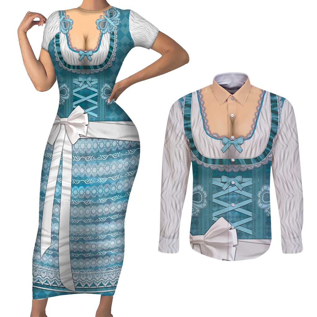 Oktoberfest Couples Matching Short Sleeve Bodycon Dress and Long Sleeve Button Shirt Dirndl Retro Style - Wonder Print Shop