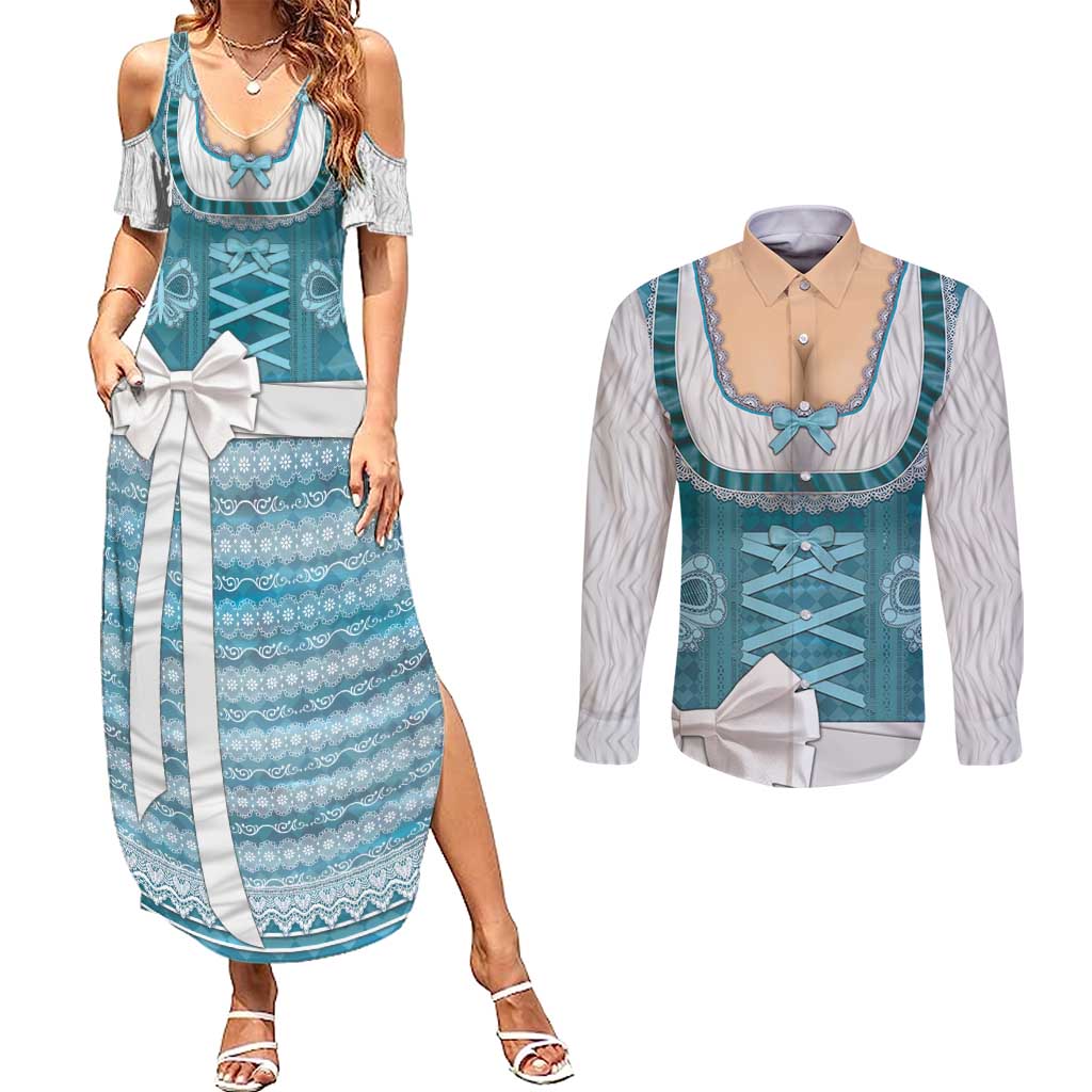Oktoberfest Couples Matching Summer Maxi Dress and Long Sleeve Button Shirt Dirndl Retro Style - Wonder Print Shop