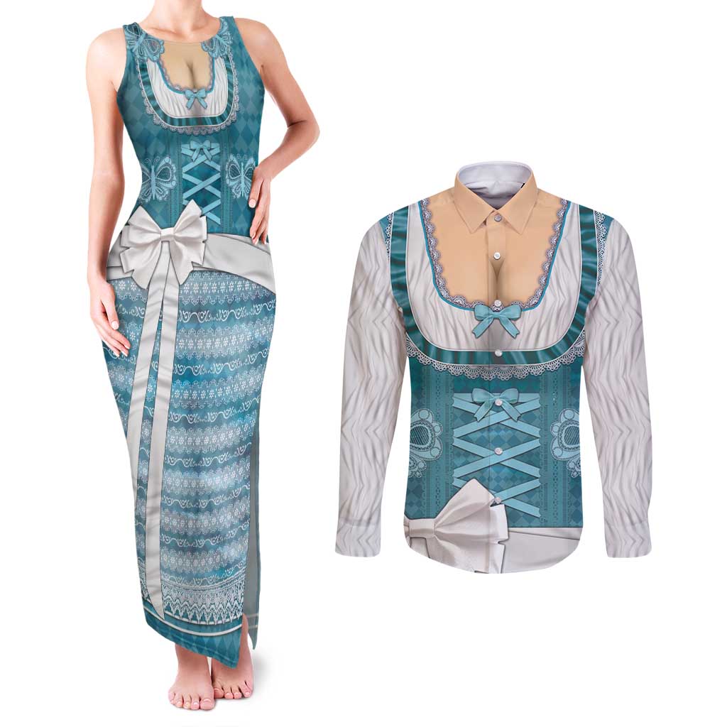 Oktoberfest Couples Matching Tank Maxi Dress and Long Sleeve Button Shirt Dirndl Retro Style - Wonder Print Shop