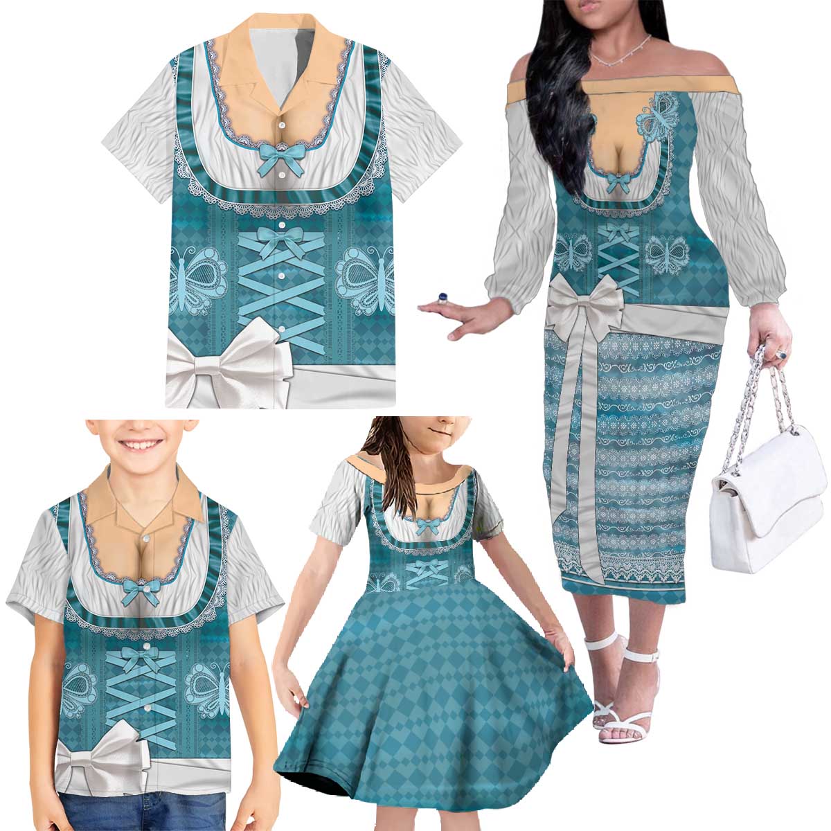 Oktoberfest Family Matching Off The Shoulder Long Sleeve Dress and Hawaiian Shirt Dirndl Retro Style - Wonder Print Shop